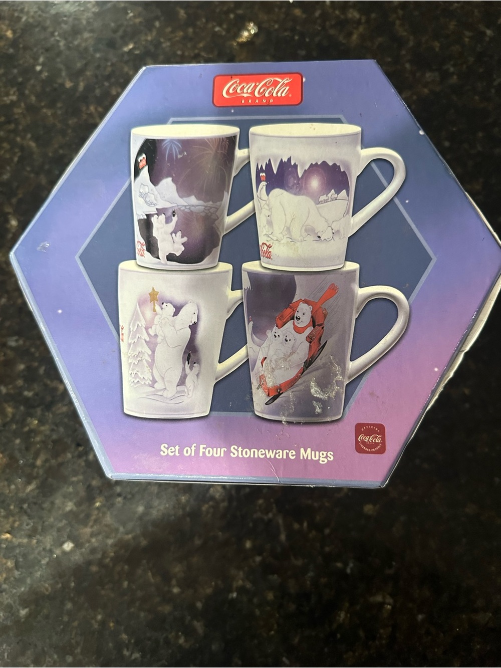 Vintage Coca Cola Polar Bear Stoneware Mug Set - Purple Accent (Set of 4)